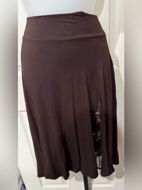 Metro 7 Flowy Midi Skirt with Sequin Net Inset in Dark Brown